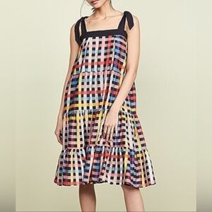 CAROLINA K. Rainbow checkered print midi sundress with tied straps